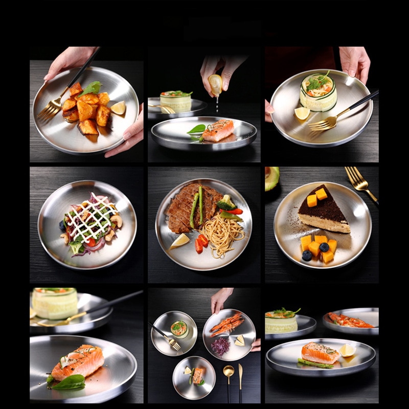 304 rostfria dubbla lager anti-värme mattallrik tallrik porslin servering tallrik lunch set bestick servis tillbehör