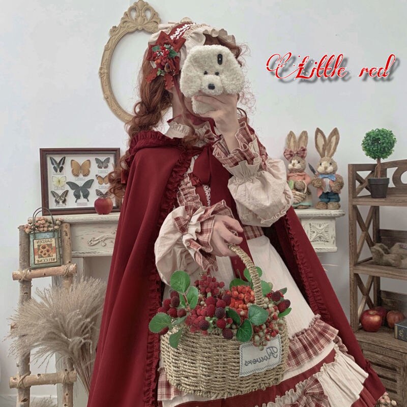 Japanse Harajuku Zoete Lolita Op Jurk Girly Leuke Berry Bos Strik Prinses Jurk Vrouwen Rode Hooded Mantel Tea Party Jurken