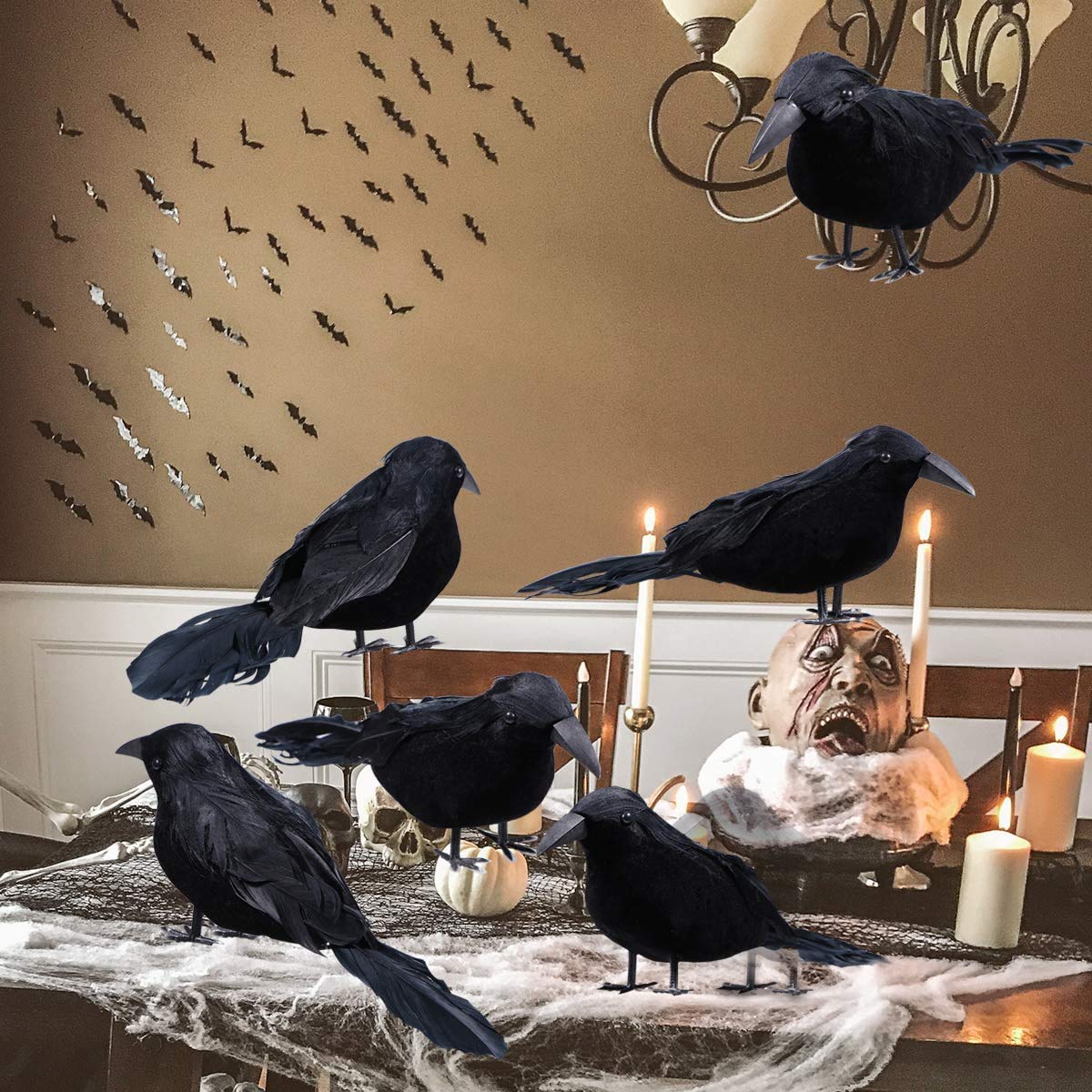 6 st svart fjäderkråka halloween-rekvisita hånlig kråka läskig fjäderdekoration rekvisita halloweenfest läskiga djur skräckrekvisita