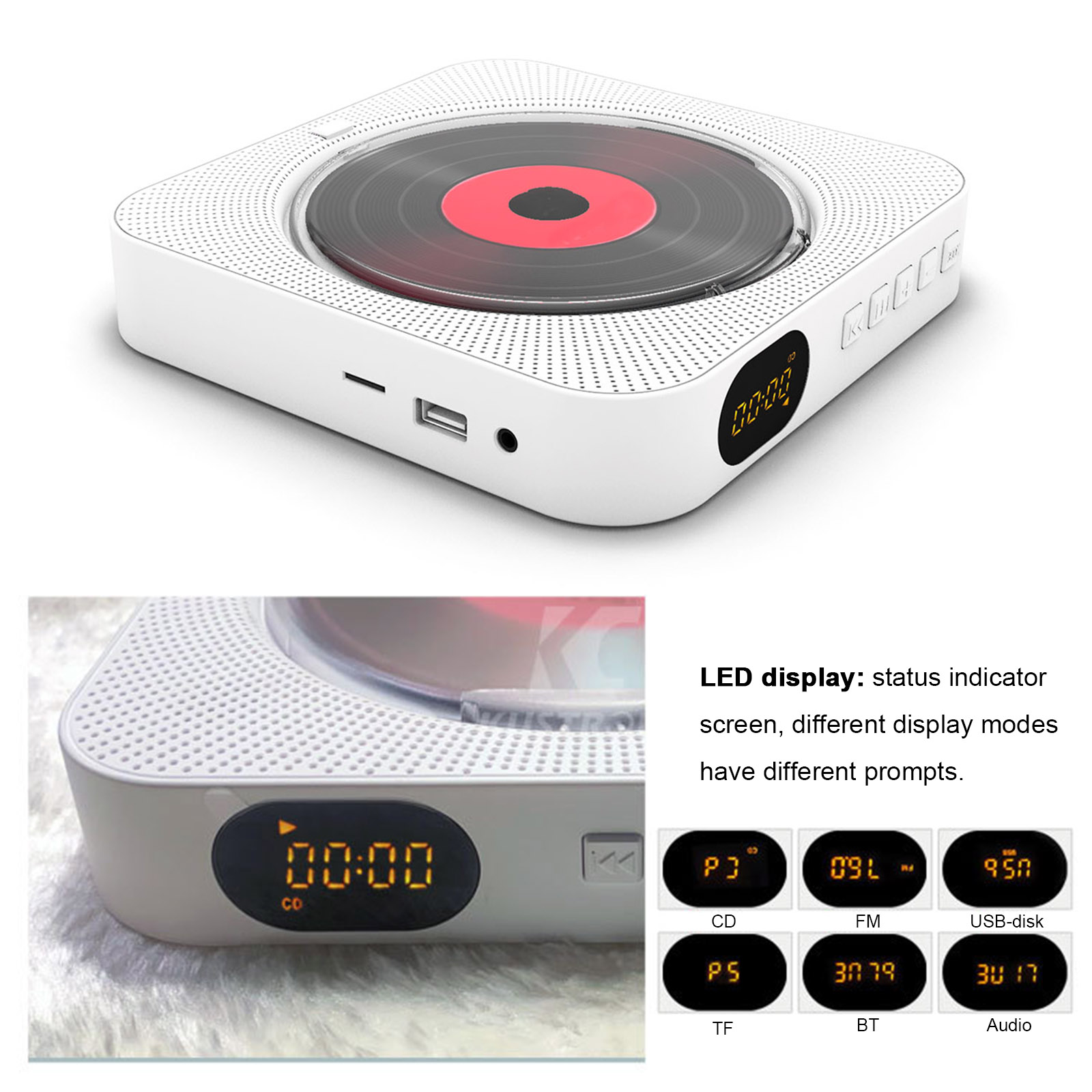 Tragbarer CD-Player mit Eingebautem Lautsprecher Stereo-CD-Player LED-Bildschirm Wandmontierbarer CD-Musikplayer mit IR-Fernbedienung