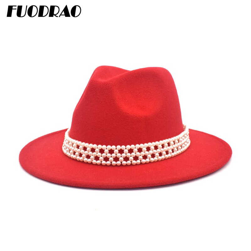 FUODRAO Women Wide Brim Wool Felt Fedora Panama Hat Jazz Trilby Hat Party Cowboy Hat Women Red F86