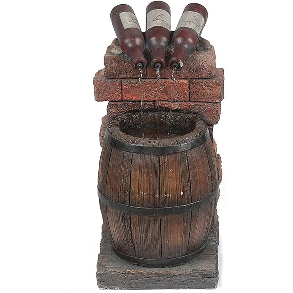 Resin Wine Bottle And Barrel Outdoor Water Fountain Sculpture Rustic Wood Barrel Water Fountain For Garden Patio