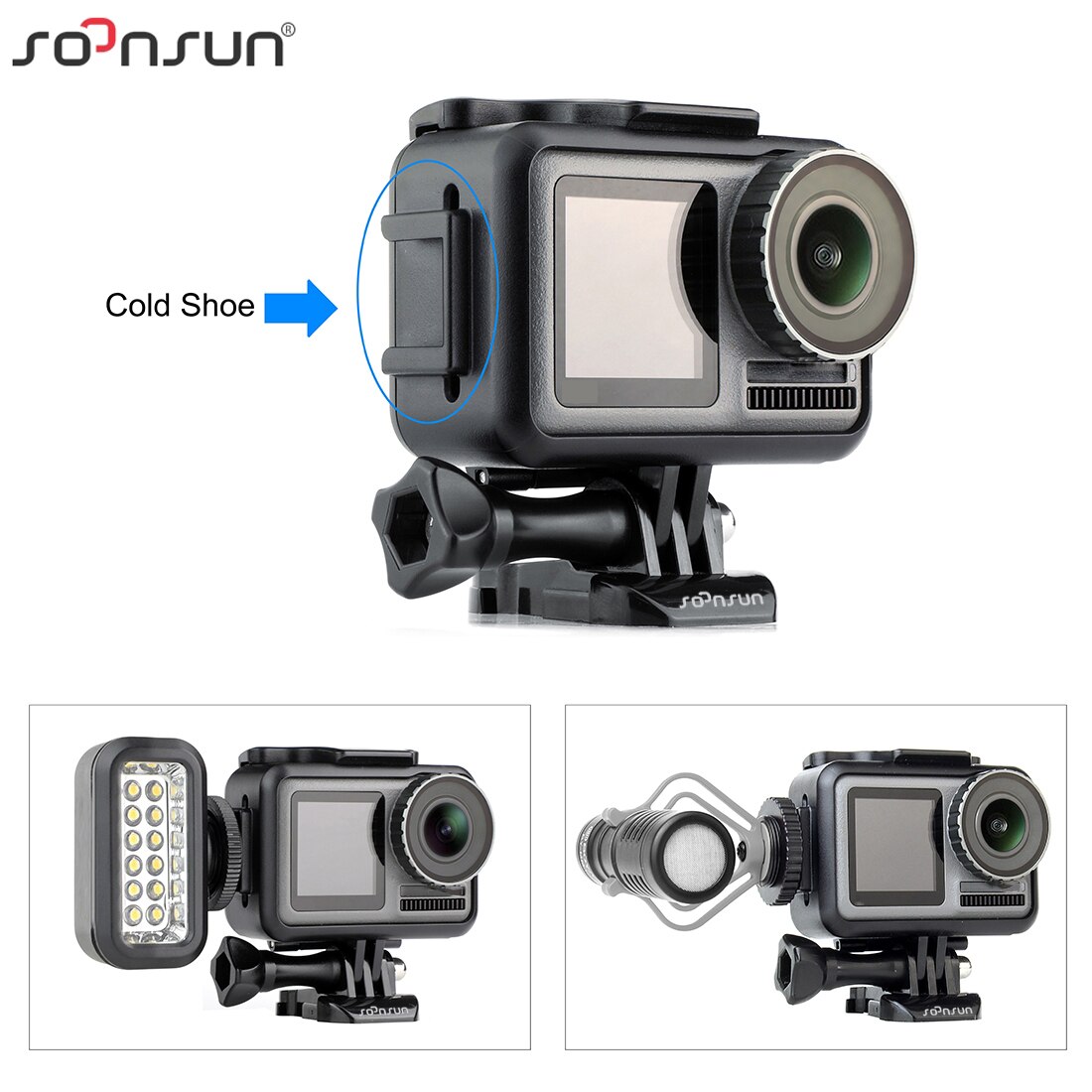 SOONSUN Protective Frame Mount Housing Case for DJI Osmo Action Frame Shell Cage Border with Cold Shoe Mount and Lens Cover Cap