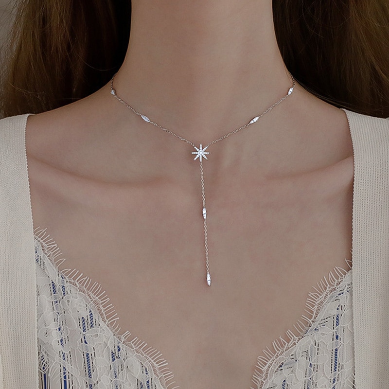925 sterlingsølv skinnende otte-takkede stjerne halskæde til kvinder trendy temperament kravebenskæde smykker