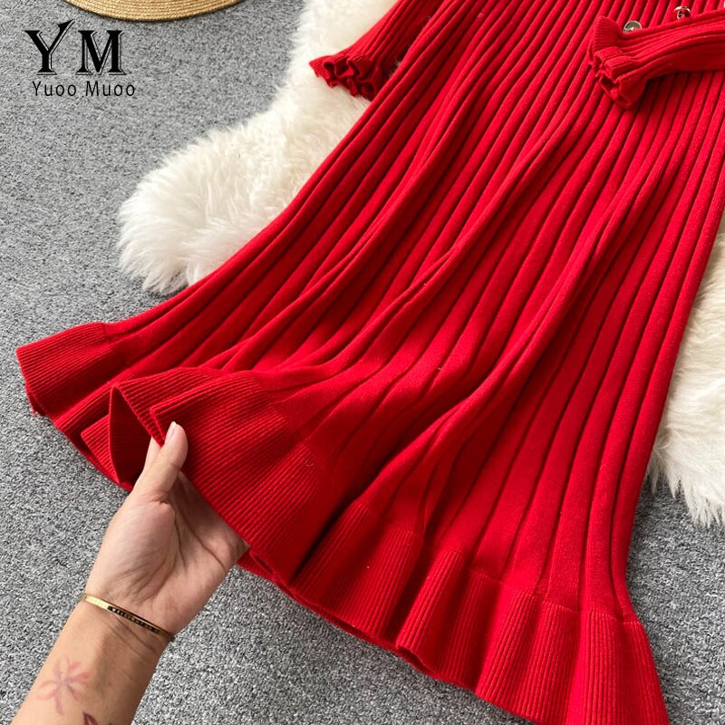 Yuoomuoo Vrouwen Gebreide Lange Jurk Herfst Winter Slanke Lange Mouwen Omzoomd Dames Jurken Elegante Partij Vrouwelijke Rode Trui Jurk