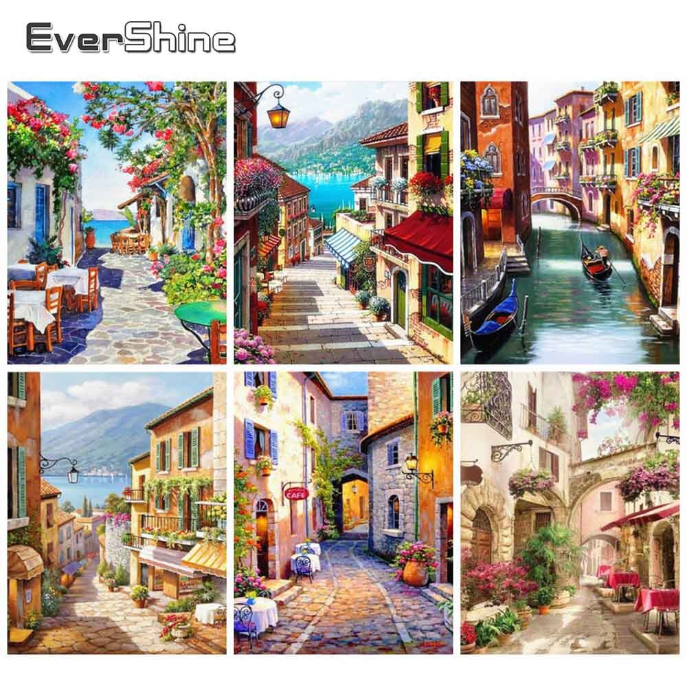 EverShine Painting By Numbers House DIY Kits Drawing Canvas Wall Art Landscape Hand Painted Home Decoration