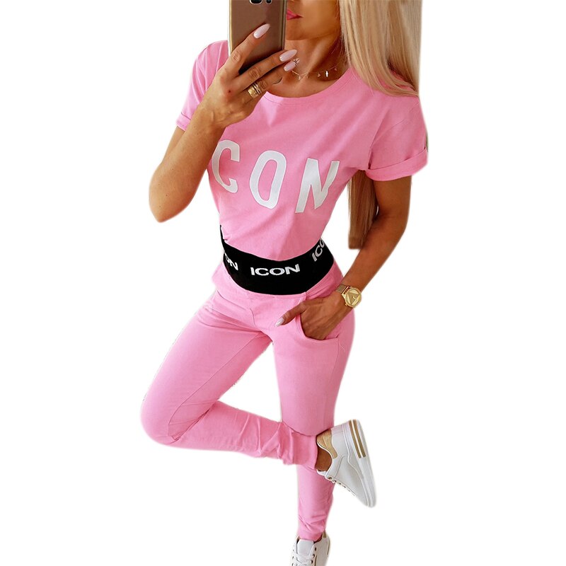 Letter Print Women Sports Tracksuit Short Sleeve Crew Neck T-Shirts Elastic High Waist Pants 2Piece Set Casual Sweatsuit: Pink / S