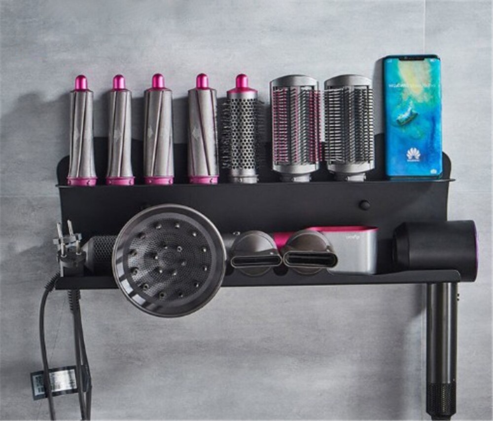 Hair Dryer Rack Black Stainless Steel Wall Mount Storage Rack Bathroom Waterproof Accessories Holder Organizer Home Decoration