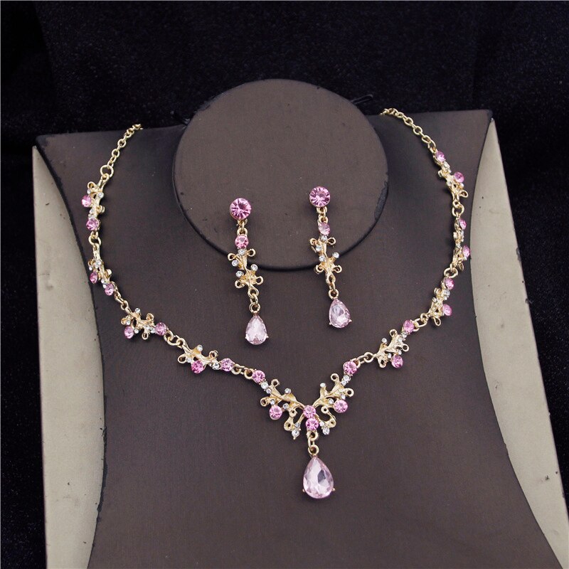 Baroque Crystal Bridal Jewelry Sets for Women Prom Tiara Crowns Earring Necklace Bride Wedding Jewelry Set: Pink