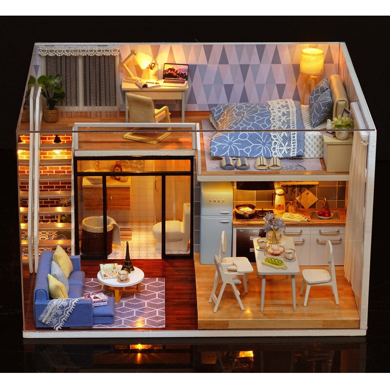 CuteRoom Blau Zeit Puppe Haus DIY Miniatur Mit Möbel Musik Licht Abdeckung Miniatur Modell Dekor Baby Liebe Spielzeug