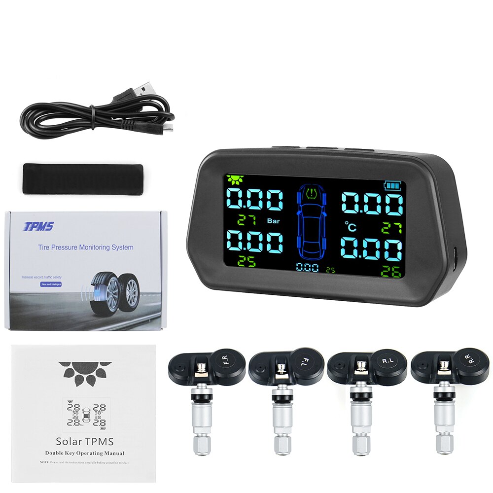 TPMS Tire Pressure Alarm Monitor Solar Power Tyre Pressure Monitoring System with 4 External Sensors Auto Alarm Security