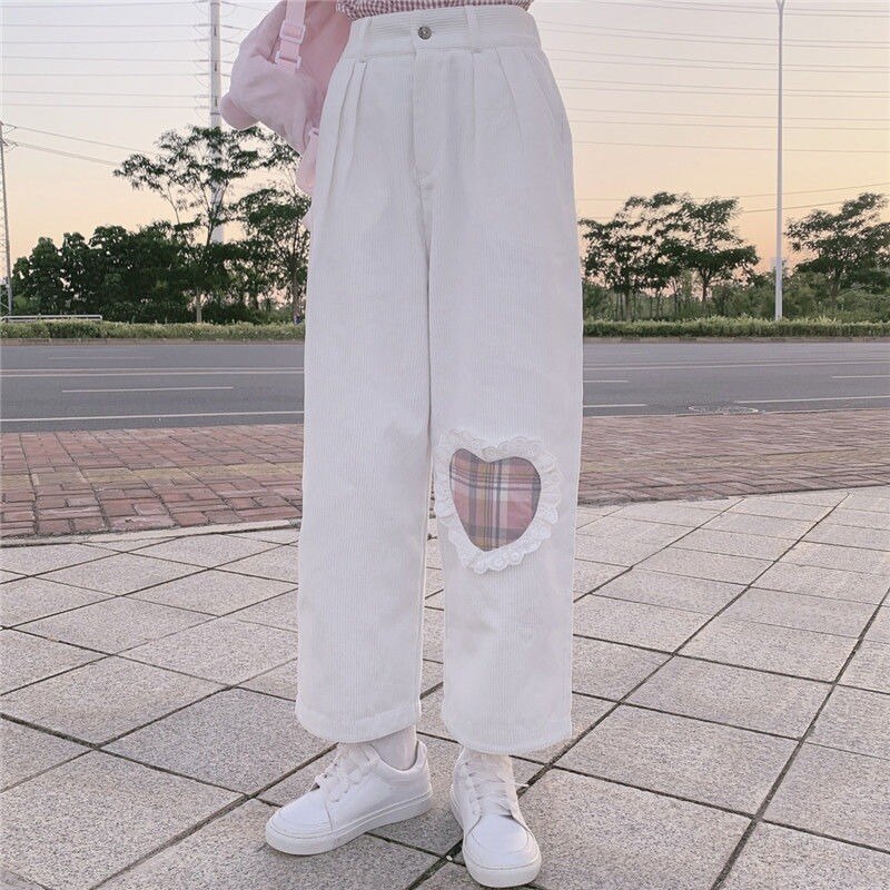 Qweek japansk kawaii pink fløjlsbukser kvinder blød pige plaid brede ben hvide bukser til kvindelig kærlighed hjerte patchwork sød