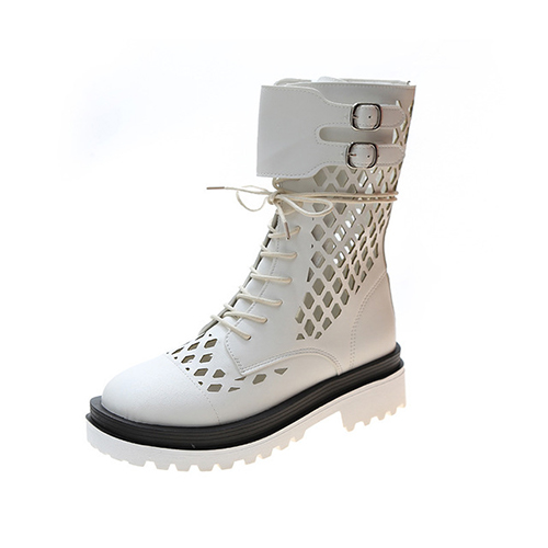 Dames kniehoge laarzen dames veterschoenen dames rits gesp ronde neus uitgehold ademende dames coole schoenen: Wit / 5
