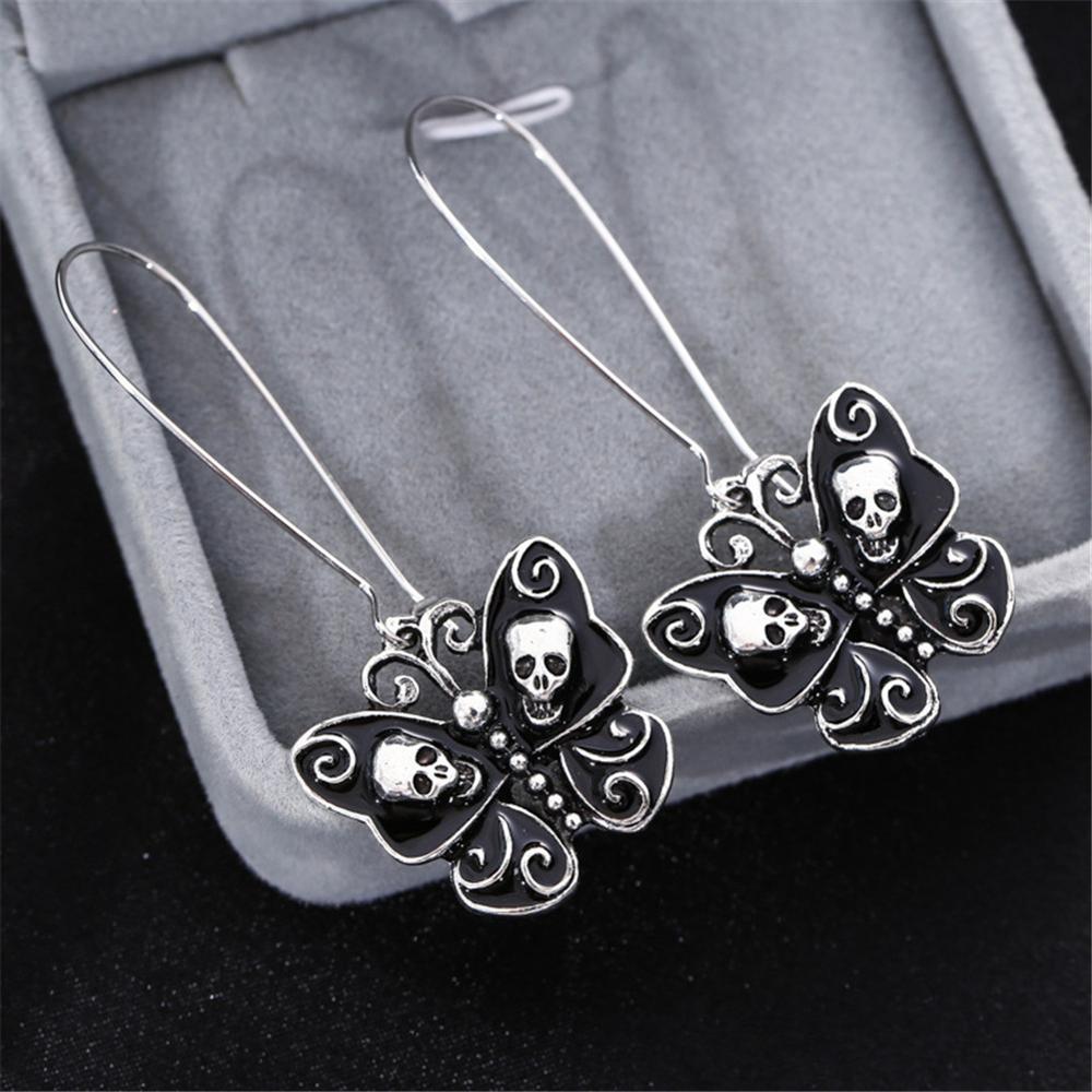 Papillon crâne boucles d'oreilles longues Punk noir papillon crâne cerceau boucles d'oreilles déclaration bijoux pour femmes filles