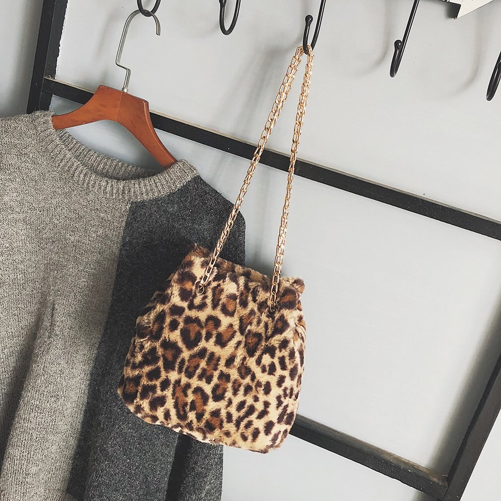 Leopard Print Crossbody Bag Women Plush Soft Casual Shoulder Messenger Bag Female Shopping Handbag Chain Bucket Bag