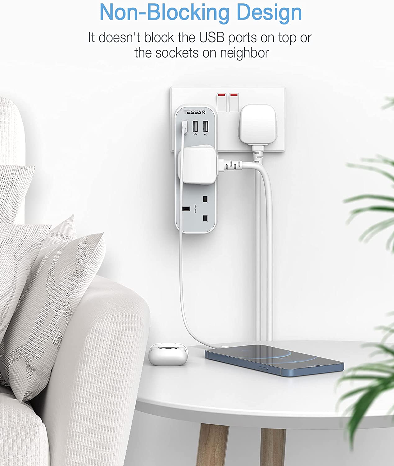 6 Ways UK Multi Plug Power Strip with 3 USB Charging Ports and 3 UK Outlets Wall Socket 100-250V Electrical Charger for Phones