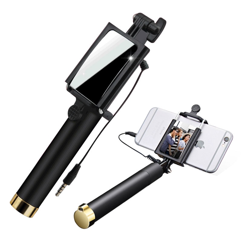 Mini palo de selfie universal con espejo para iPhone 5S 6S Samsung S8 S7 Cable de mano Monopod extensible portátil