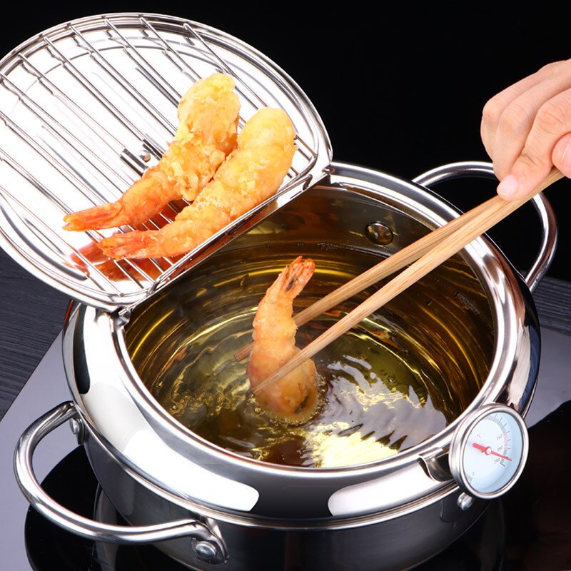 Kitchen Deep Frying Pot Thicken Thermometre Tempura Fryer Pan Temperature Control Fried Chicken Pot Cooking Tool Stainless Steel
