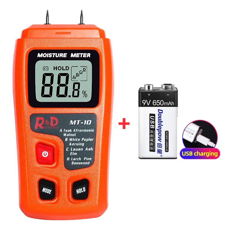 R&amp;D MT-10 EMT01 Wood Moisture Meter Wood Humidity Tester Hygrometer Timber Damp Detector Tree Density tester Grey Orange: Orange with battery