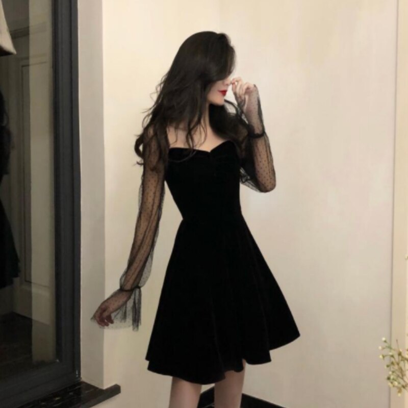 Dress Women Long Sleeve Mesh Transparent Low-cut Leisure Womens Party Dresses Mini Korean Style Loose Patchwork