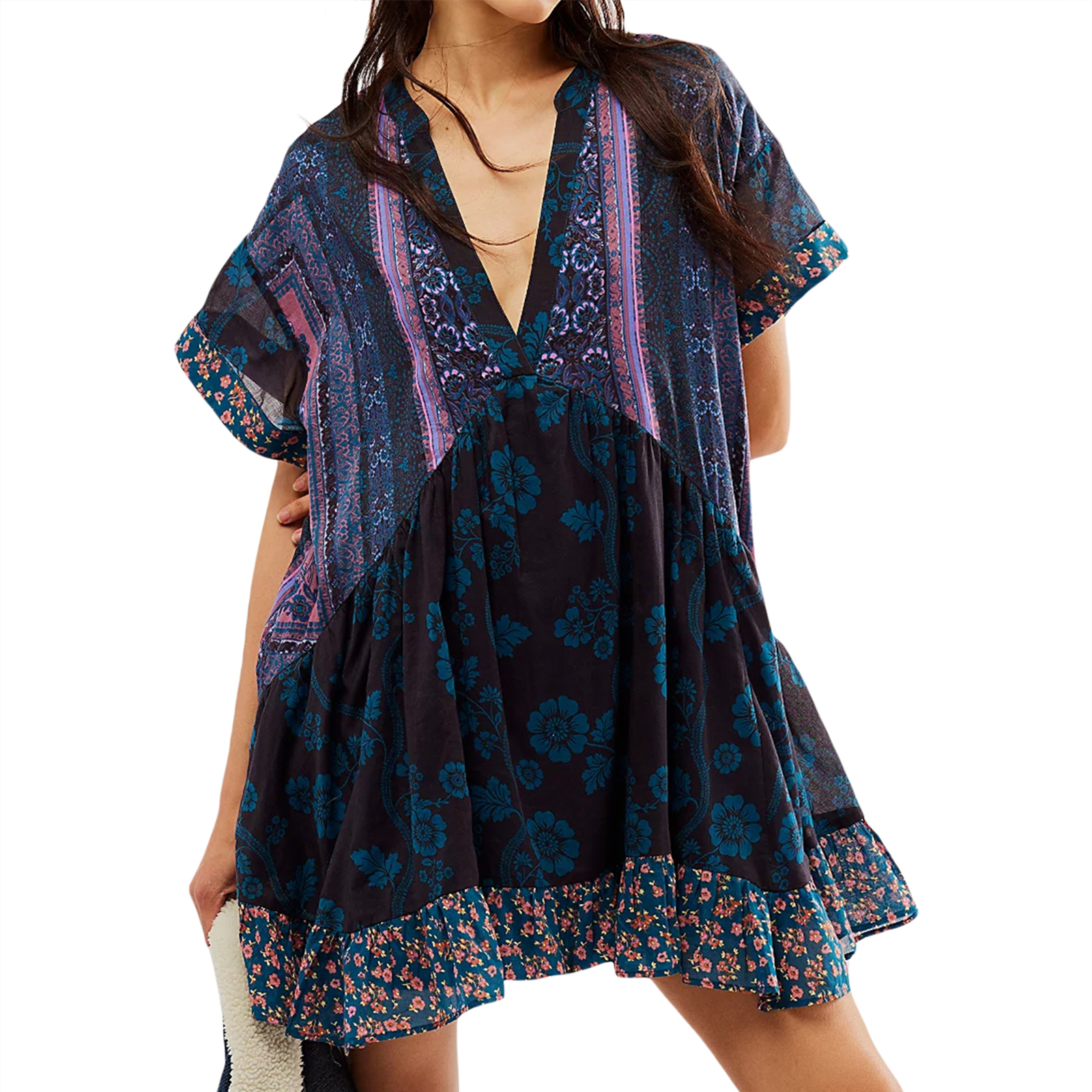 Kvinners sommer babydoll-kjole bohemsk blomstertrykk kortermet v-hals flagrende kjole med lommer fritids-retro: M / Lavendel