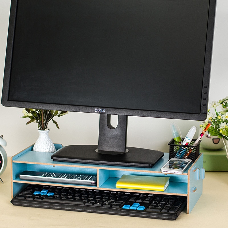 Wood Assembled Monitor Stands with 2 Drawers Office Table Storage Organizer Keyboard Computer Screen Rack Laptop/Screen Bracket