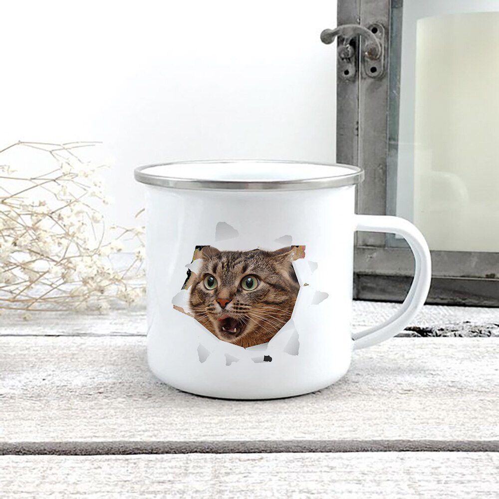 Kreative 3d Druck Katze Emaille Kaffee Tee Becher Hause Frühstück Nachtisch Milch Hafer Tassen mit Griff Wasser Becher für Liebe katze Menschen: XH2901-A015WH-8