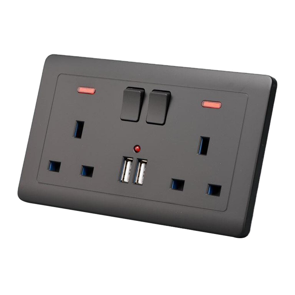 UK Plug Wall Switch Double Sockets 2 Gang 13A with 2 USB Charging Ports Black