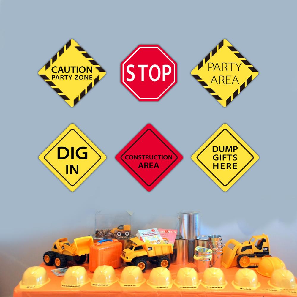 6pcs Construction party backdrop Excavator Construction warning sign sticker Vehicle Truck Signs Kids Boys Birthday party suppli