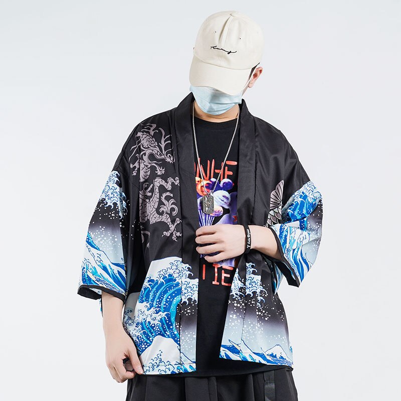 Chaqueta Kimono estilo japonés Kanagawa para hombre, ropa de calle de gran ola, Hip Hop, dragón Koi, pescado fino, estilo japonés,