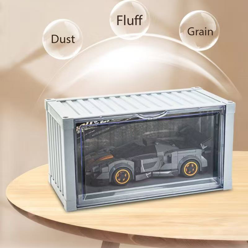 Aufbewahrungsbox mit seitlicher Öffnung für staubfreie Lagerung, DIY-Bausteine, Rennwagen-Aufbewahrungsbehälter