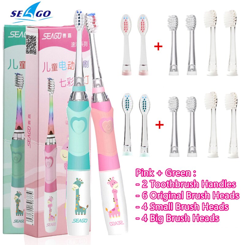 SEAGO Kinder Sonic Elektrische Zahnbürste Betriebene Wasserdichte LED Licht für 3-12 Alter Kinder Smart-Timer 3 Weichen Borsten pinsel Köpfe: 2Sets and 4Big4Small