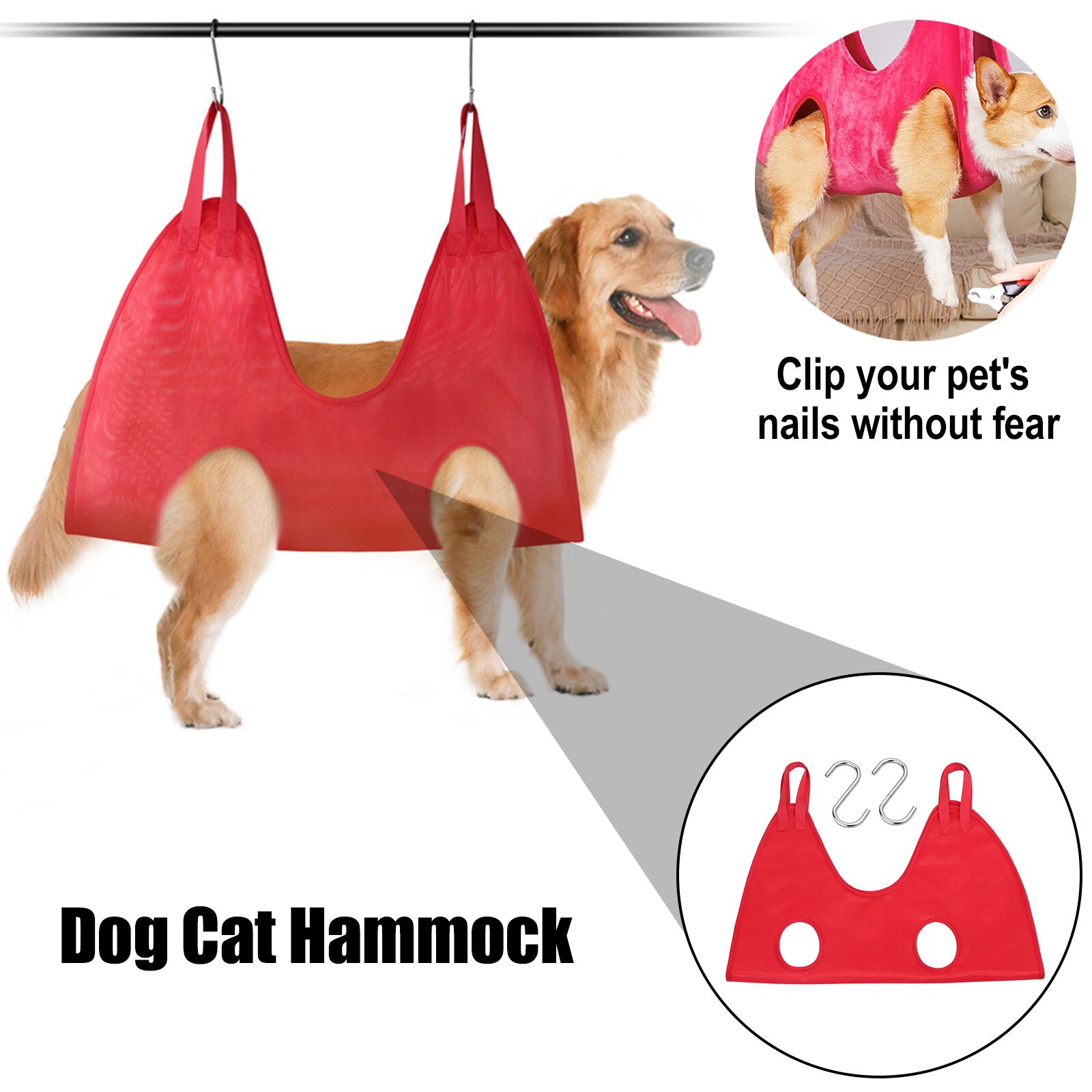 Dog Cat Hammock Helper Soft Flannel Pet Grooming Hammocks Restraint Bag Harness for Nail Clip Trimming Bathing with 2 Hook