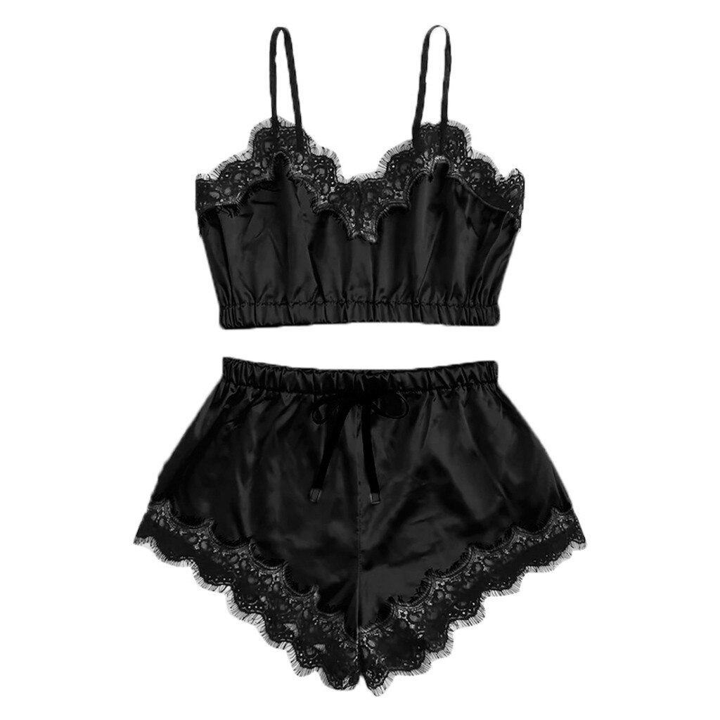 Kvinnor sexiga nattkläder ärmlös rem nattkläder spetskant satin cami topp pyjamas set topp +shorts ropa de dormir: Svart / L