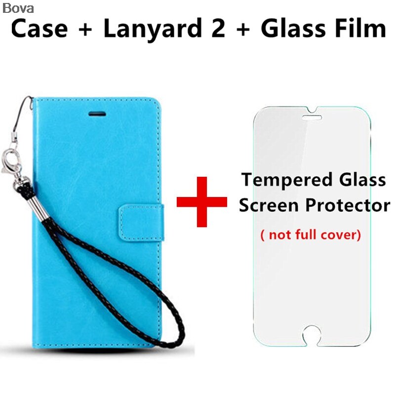 Honor 4C card holder cover case for Huawei Honor 4C leather phone case ultra thin wallet flip cover: Blue Lanyard2 Film
