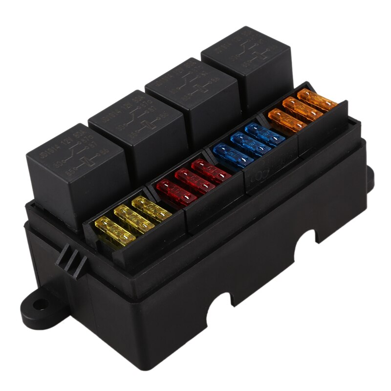-Caja portafusibles de cuchilla de 12 vías con terminales de pala y fusible 4 Uds 4 pines de 12V 40a relés para remolque y barco de camión de coche