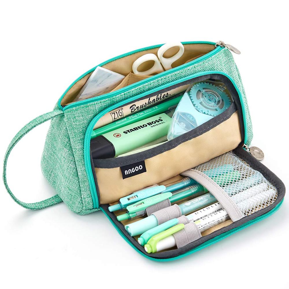 Solid Color Dark Grey Pencil Pouch Big Capacity Pen Bag Side Open Stationery Tools Case Make Up Bag Pencil Bag School Girl: green