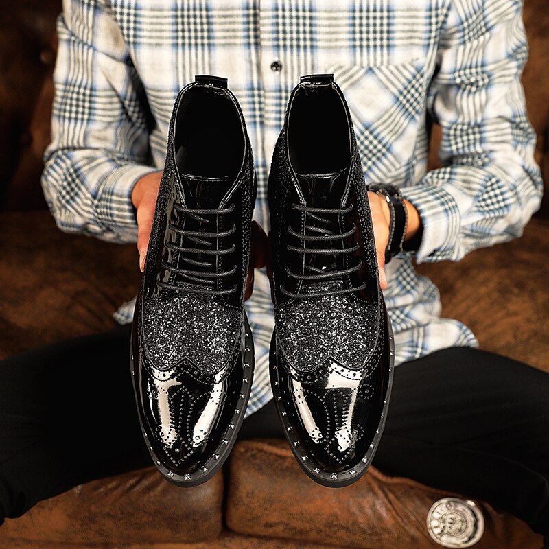 Yeinshaars wzorzyste skórzane brogsy błyszczące cekiny formalne buty wizytowe wysokie buty męskie ze szpiczastym noskiem buty ślubne buty na imprezę