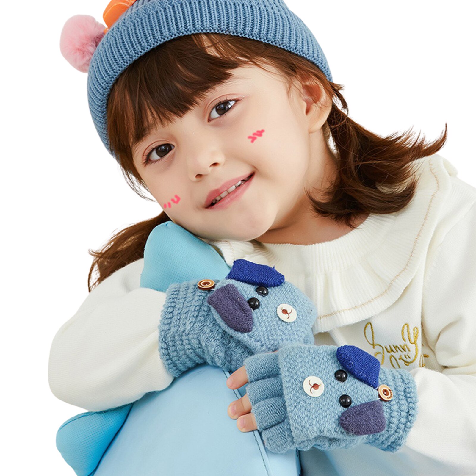 Kids Winter Warm Fingerless Mittens, Cute Cartoon Puppy Convertible Flip Top Gloves with Button for Baby Boys and Girls
