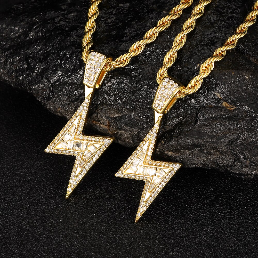 Hip Hop Lightning Pendant Necklace Gold Tennis Chain Iced Out Rhinestone Necklaces for Women Men collares de moda