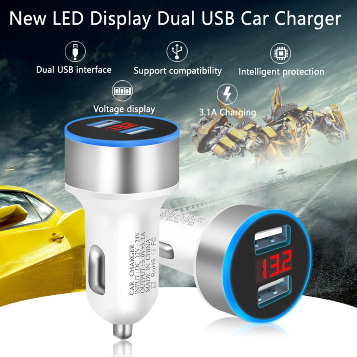 Dual USB 12V-24V 3.1A Mobile Phone Car Charger Adapter LED Display Fast Charging