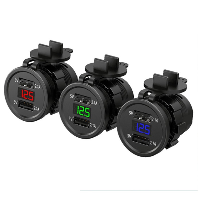 Dual USB charger socket adapter LED display with dust cover power socket car motorcycle (output 5V2.1A / input 12V24V)