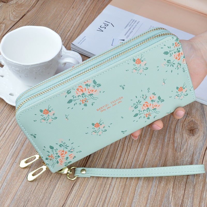 Luxury Double Zipper Women Wallets Large Capacity Long Clutch Bag Double Wallet Soft Leather Printing Change Mobile Bag: Green