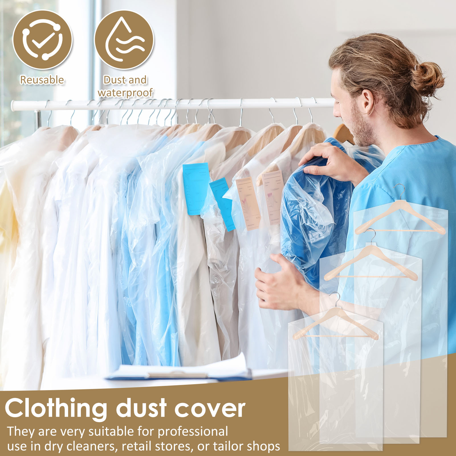 50/60/70 Pcs Clear Garment Dust Bags Plastic Clothes Hanging Protector Bags Waterproof Dry Cleaning Bags for Dry Cleaner Storage