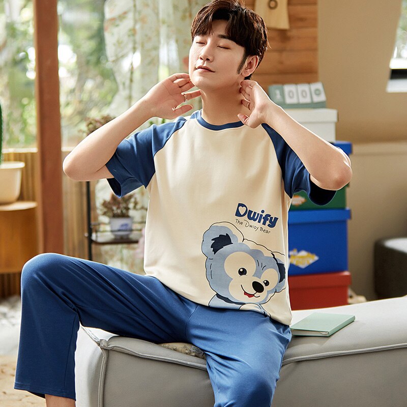 SONG-Conjunto de pijama de algodón para hombre, pantalones largos de manga corta y cuello redondo, con bonito de dibujos animados a la , para el hogar, 2 piezas, novedad de verano y otoño de