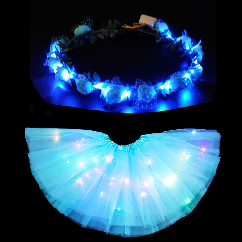 Jupe Tutu lumineuse LED pour femmes et filles, guirlande de fleurs, bandeau, , vêtements de fête néon, Costume de princesse de mariage d&#39;anniversaire: blue skirt