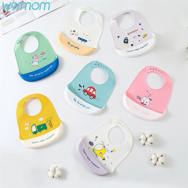 Warmom-Baberos de silicona impermeables para bebé, bolsa de Saliva para niños, accesorios desechables para bebé, babero ajustable de dibujos animados, suave y cómodo