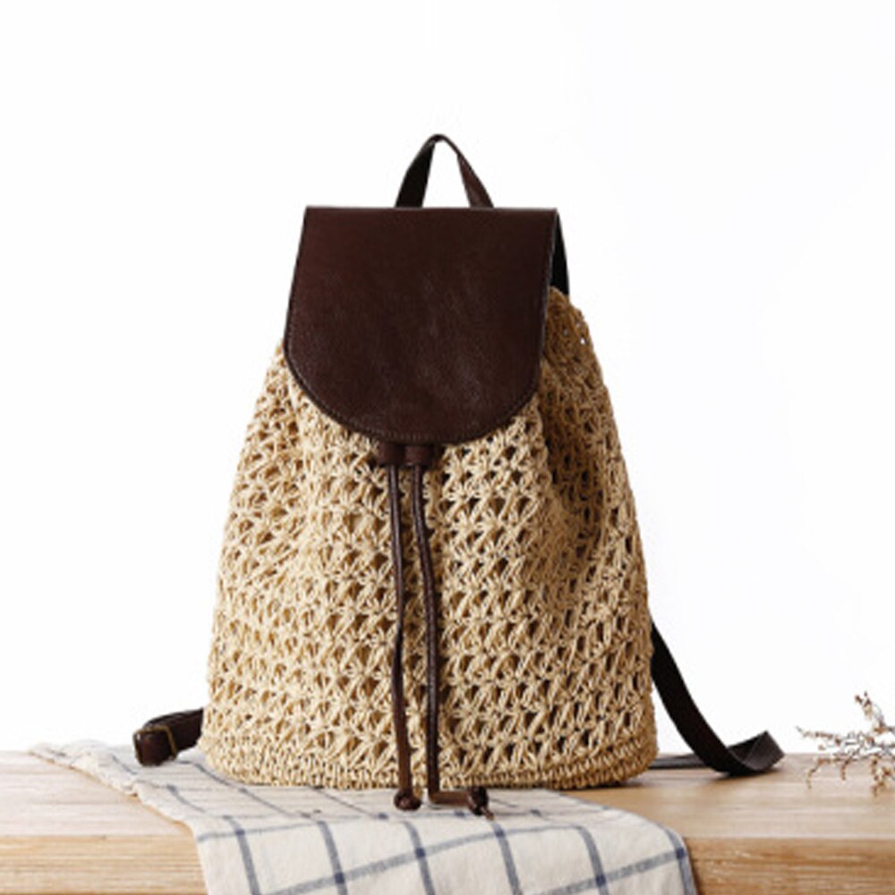Women's Backpack Crochet Paper Rope Braided Drawstring Women's Straw Backpack Summer Travel Outing Ladies Woven Backpack