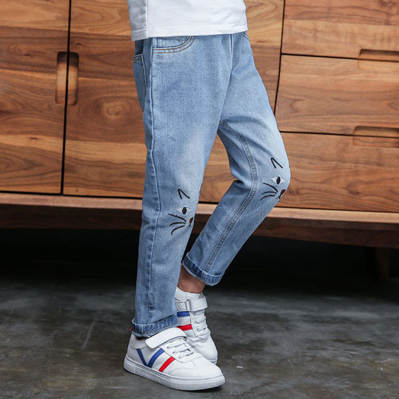 Primavera , pantalones vaqueros para niñas, pantalones con bordado de gato de dibujos animados, ropa de otoño para niñas, pantalones vaqueros para niños, ropa para adolescentes