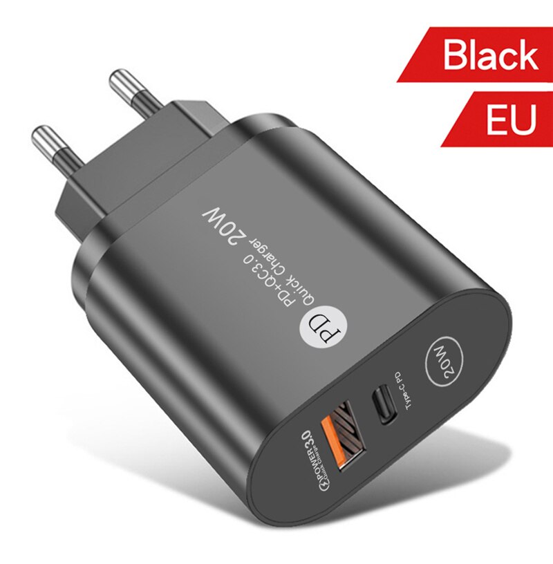 USLION – chargeur USB PD 20W QC3.0, Support USB type-c, charge rapide, pour téléphone iPhone 12 Pro Max 11 AirPods iPad Huawei: EU Black